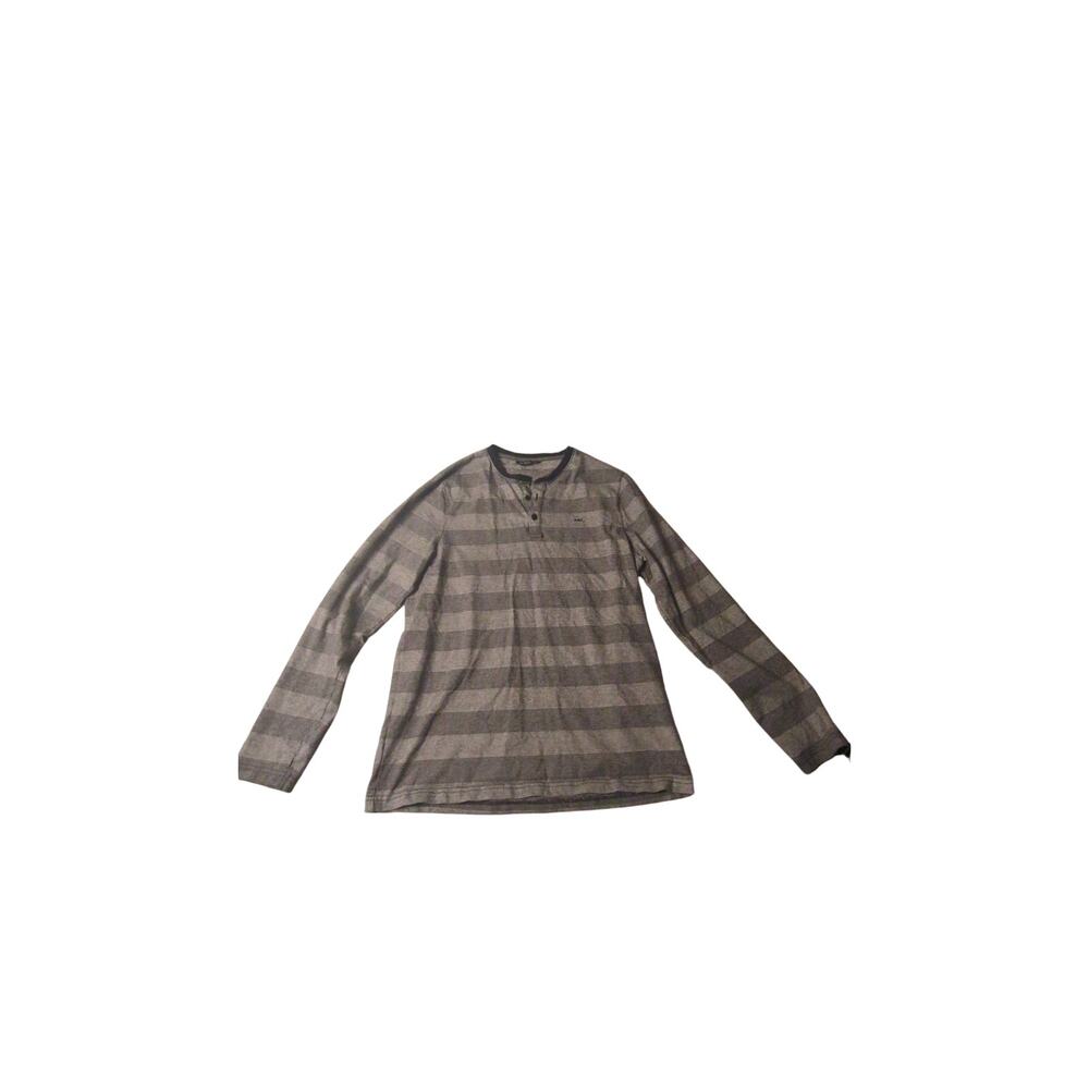 Michael Kors Mens Long Sleeve Striped Henley Shirt Gray Black Trim MK Logo Large